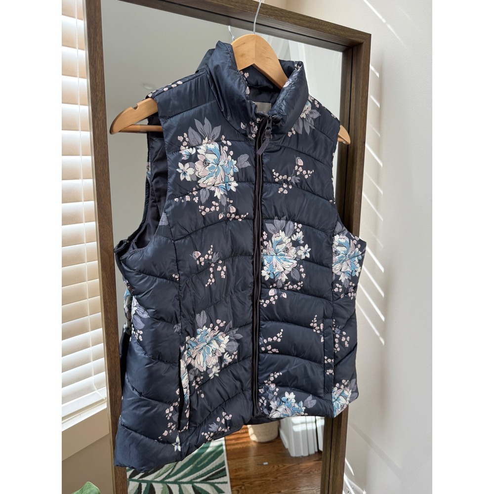 LOFT Floral Print Puffer Vest Womens Medium Navy Blue Full Zip Sleeveless Fall